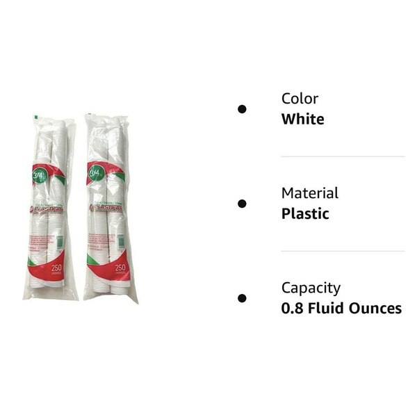 PLASTIFAR 3/4 OZ Disposable Plastic Cups, White, 250 CT