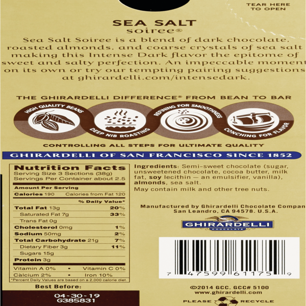 Ghirardelli, Intense Dark Chocolate Bar, Sea Salt Almond, 3.5 oz
