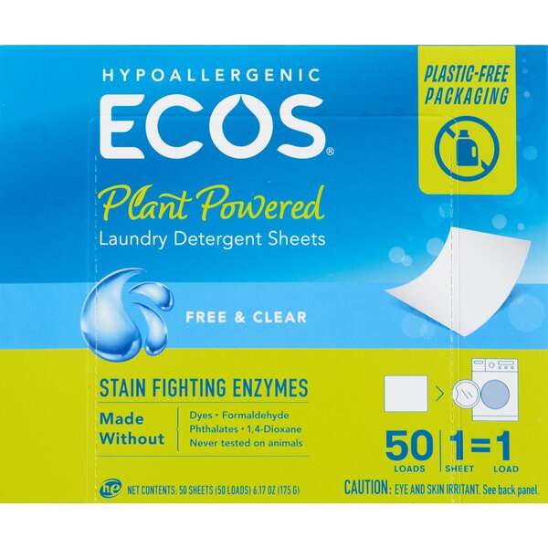 ECOS Laundry Detergent Sheets Fighting Enzymes, Free and Clear, 50ct