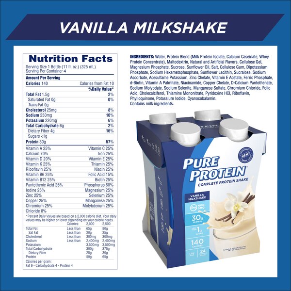 Pure Protein Complete Protein Shake, Vanilla Milkshake, 4 CT