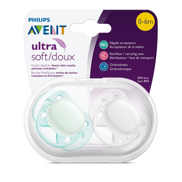Philips Avent Ultra Soft Pacifier 0-6 Months, Wht/Grn 2pk
