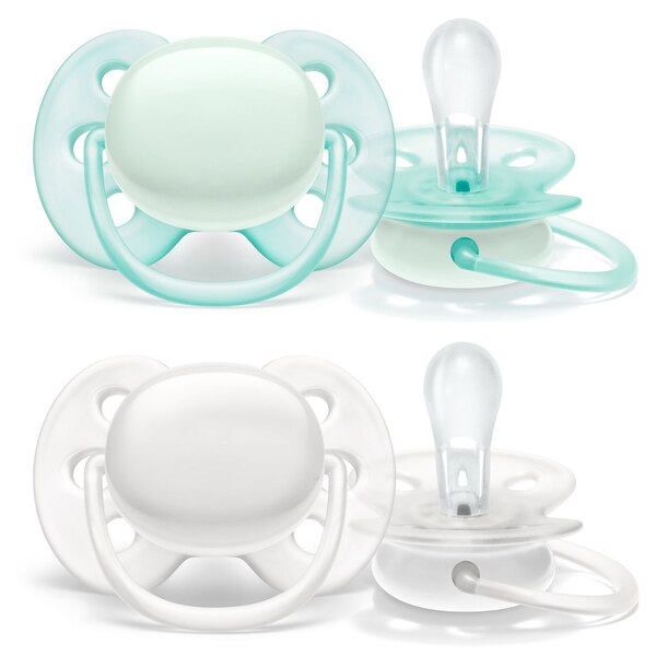 Philips Avent Ultra Soft Pacifier 0-6 Months, Wht/Grn 2pk