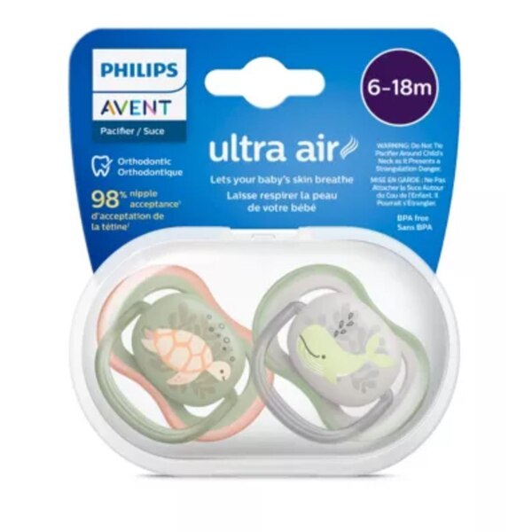 Philips Avent Ultra Air Pacifier 6-18m, Orange Turtle/ Green Whale