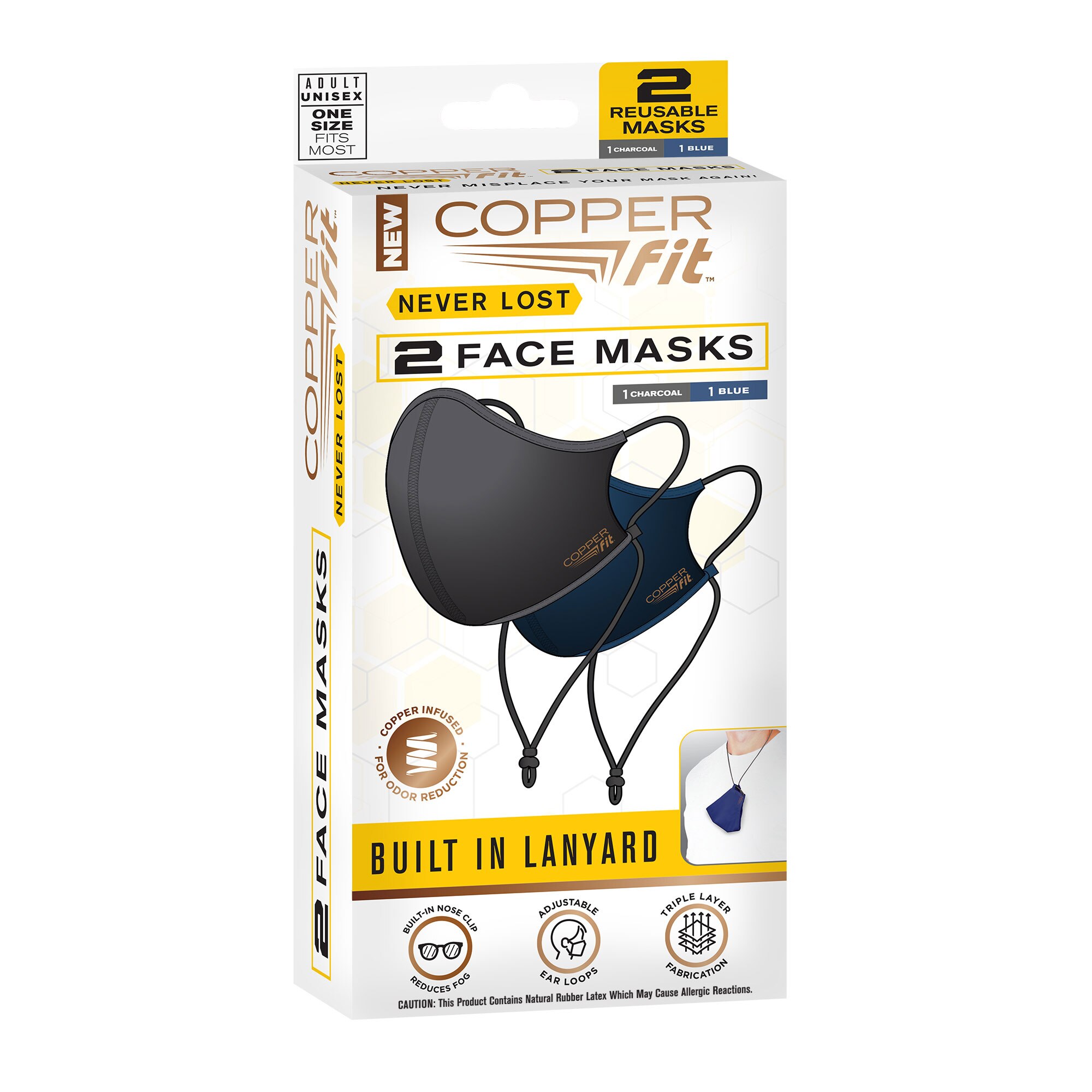Copper Fit Never Lost - Mascarillas reutilizables con cordón integrado, 2 u.