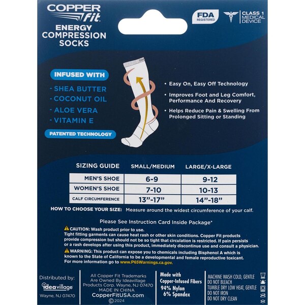 Copper Fit Hydrating Compression Socks, Black, S/M