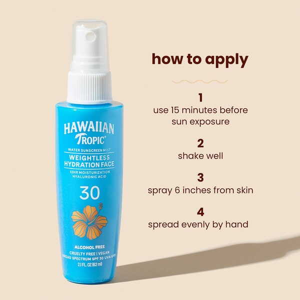 Hawaiian Tropic Weightless Hydration Water Mist for Face, SPF 30, 2.1 OZ