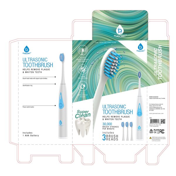 Pursonic Ultrasonic Toothbrush and 3 Brush Head Attachments