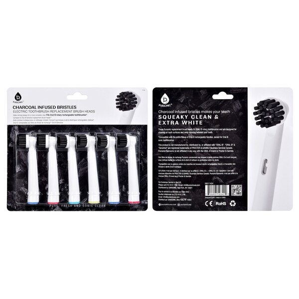 Pursonic Charcoal Infused Replacement Heads Fits Oral B, 6 CT