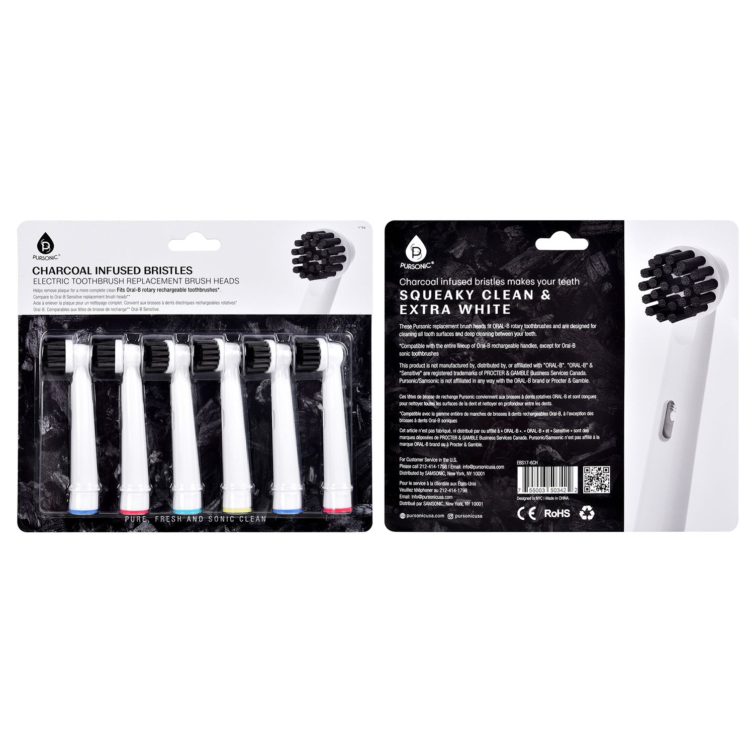 Pursonic Charcoal Infused Replacement Heads Fits Oral B, 6 CT