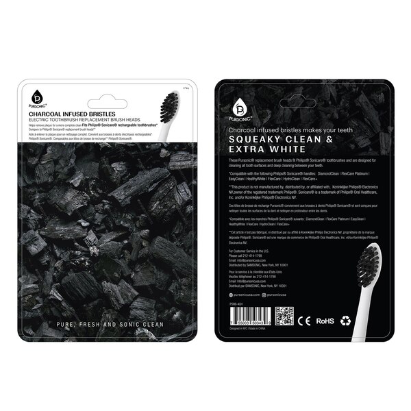 Pursonic Charcoal Infused Replacement Heads fits Sonicare, 4 CT