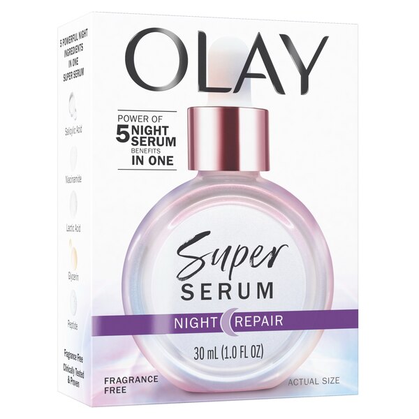 Olay Super Serum Night Repair 5-in-1 Lightweight Skin Cell Renewing Face Serum, 1.0 fl oz