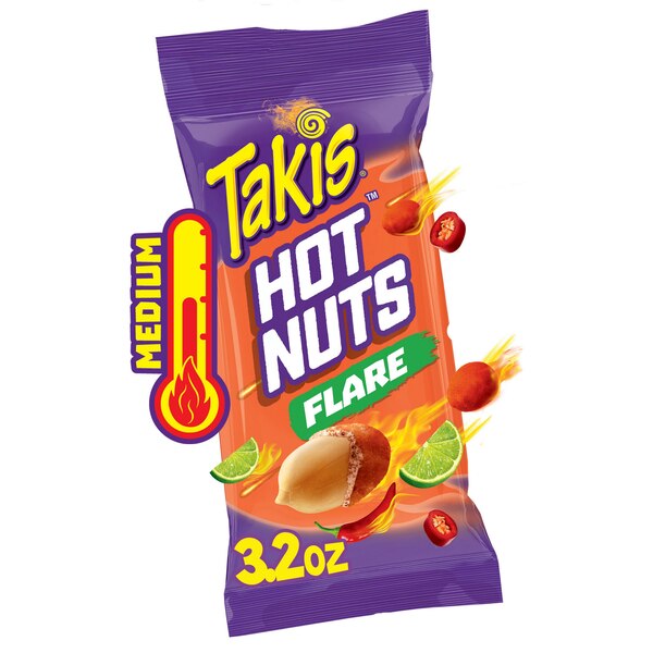 Takis Flare Hot Nuts Pouch, Chili Pepper & Lime Flavored Spicy Double-Crunch Peanuts, 3.2 oz