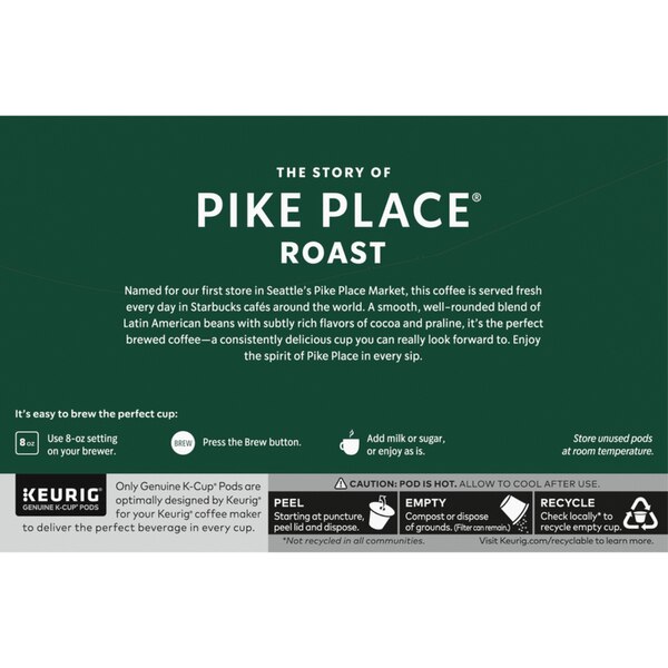 Starbucks Coffee K-Cup Pike Place Coffee, Medium Roast, 10 ct