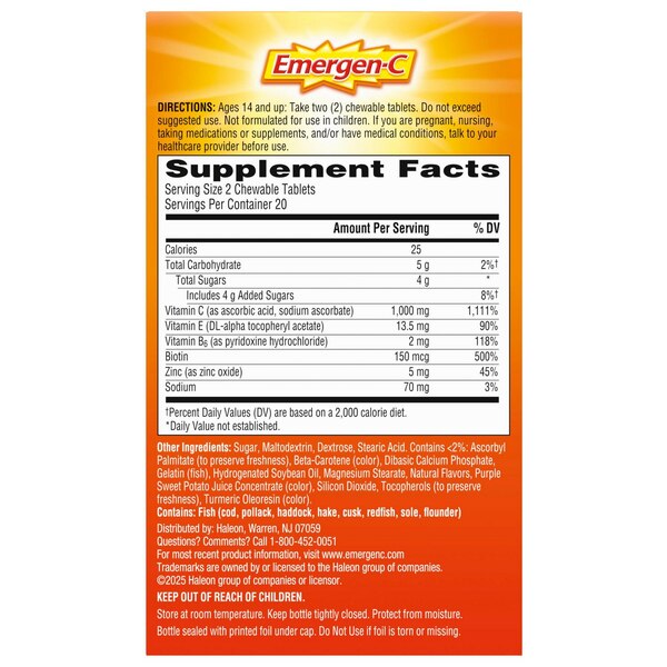 Emergen-C - Tableta masticable sabor naranja, 40 u.