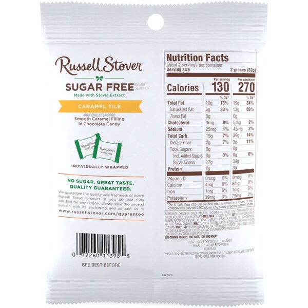 Russell Stover, Sugar Free, Caramel Tiles Chocolate Candy, 2.25 oz