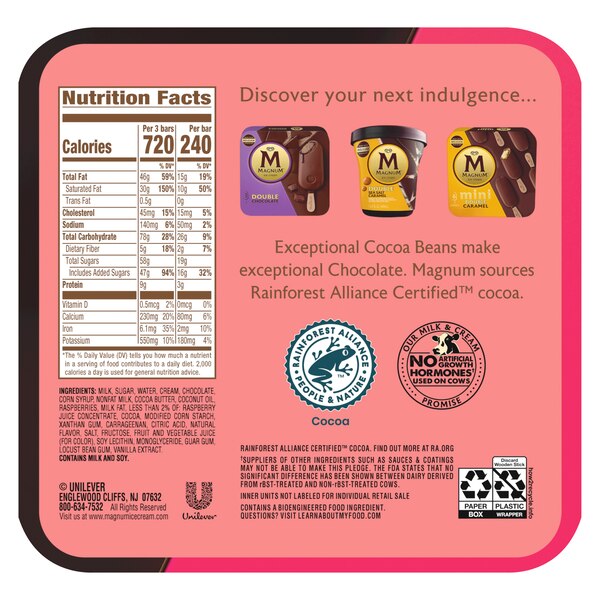 Magnum Double Raspberry Ice Cream Bars Frozen Dessert, 3 ct