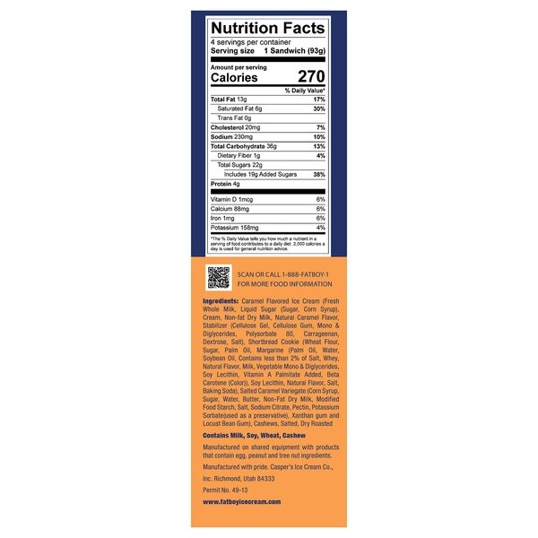 Fat Boy, Caramel Cashew Ice Cream Sandwich, 4 ct, 16 oz