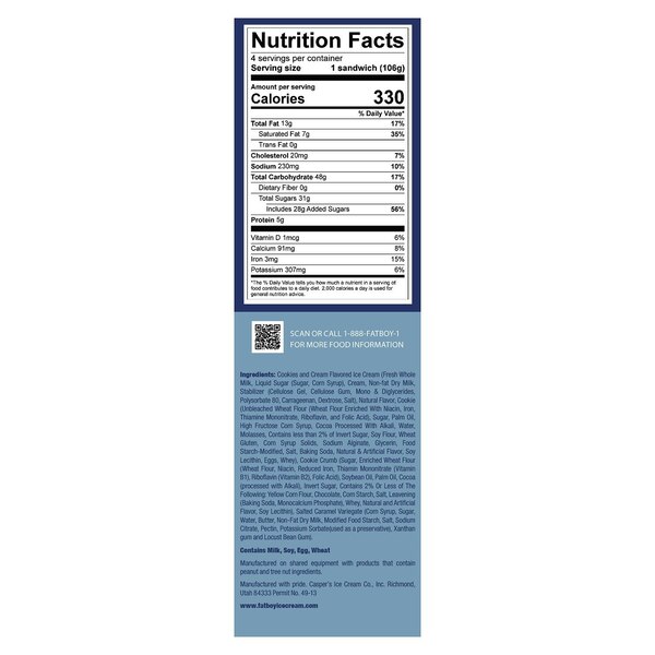 Fat Boy, Cookie N Cream Sea Salt Ice Cream Sandwich, 4 ct, 16 oz