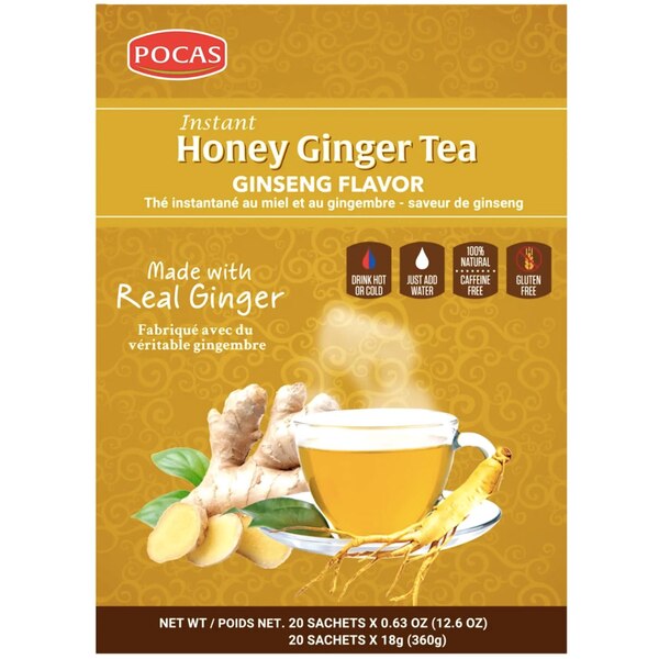 POCAS Instant Honey Ginger Tea, Ginseng Flavor, 12.6 OZ, 20 CT