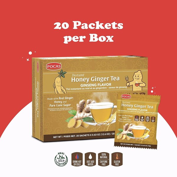POCAS Instant Honey Ginger Tea, Ginseng Flavor, 12.6 OZ, 20 CT