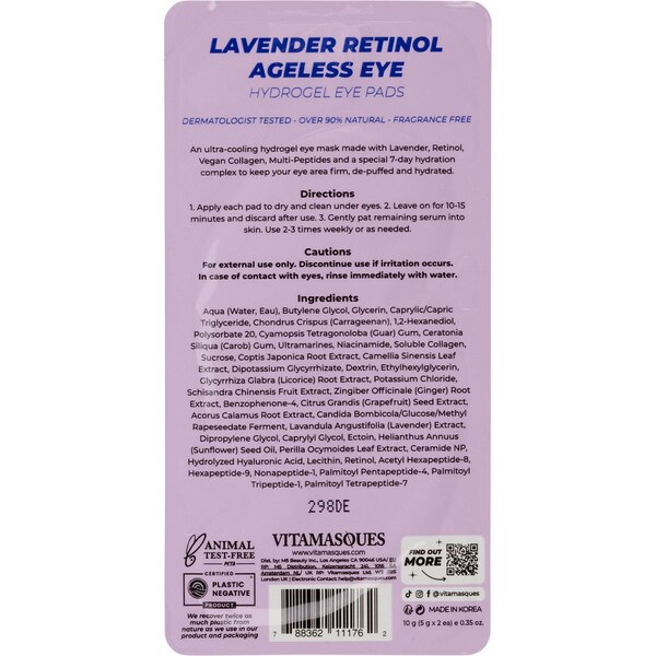 Vitamasques Lavender Retinol Ageless Eye Hydrogel Eye Pads, 1 Pair