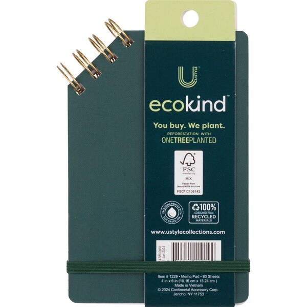 U Style Ecokind Spiral Memo Pad with Top Corner Spiral, Assorted, 80 sheets, 4 x 6 in