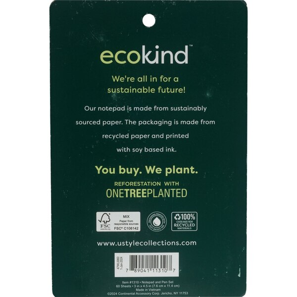 U Style Ecokind Notepad Set, 60 Sheets + Pen, 4.5 x 3 in