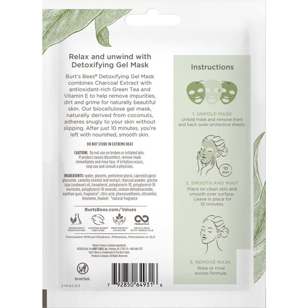 Burt's Bees Detoxifying Biocellulose Gel Mask with Charcoal and Green Tea