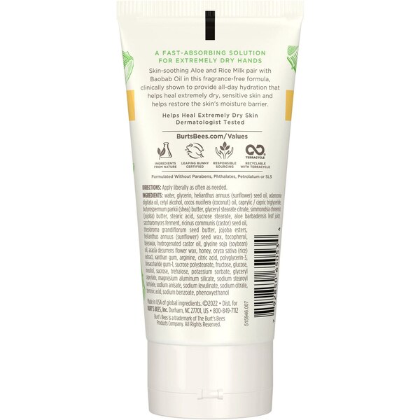 Burt's Bees Ultimate Care Healing Hand Cream with Aloe and Rice Milk for Sensitive Skin, 2.5 OZ