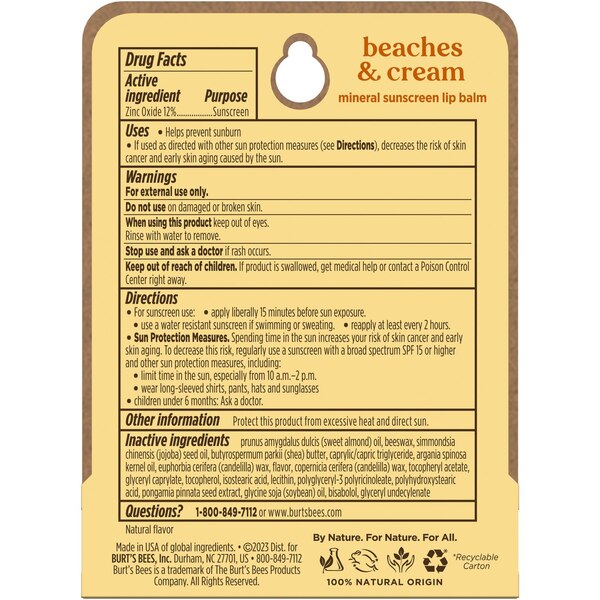 Burt's Bees Beaches and Cream Sun Care SPF 30 Lip Balm, Natural Origin Lip Care, 1 Tube, 0.15 oz.