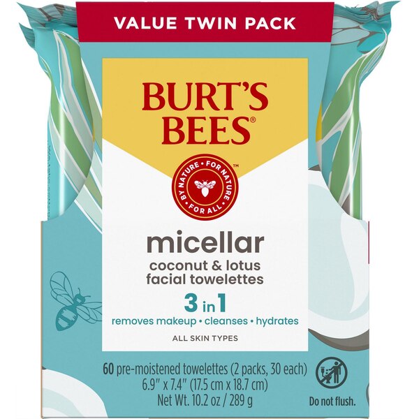 Burt's Bees 3-in-1 Micellar Facial Cleanser and Makeup Remover Towelettes with Coconut and Lotus Water, 60 CT, Value Twin Pack