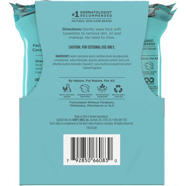 Burt's Bees 3-in-1 Micellar Facial Cleanser and Makeup Remover Towelettes with Coconut and Lotus Water, 60 CT, Value Twin Pack
