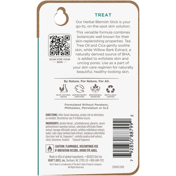 Burt's Bees Clear and Balanced Herbal Blemish Stick Spot Treatment, 0.26 fl oz