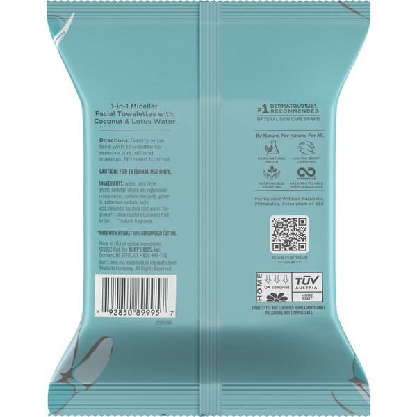 Burt's Bees Micellar Facial Towelettes with Coconut and Lotus, 30 CT