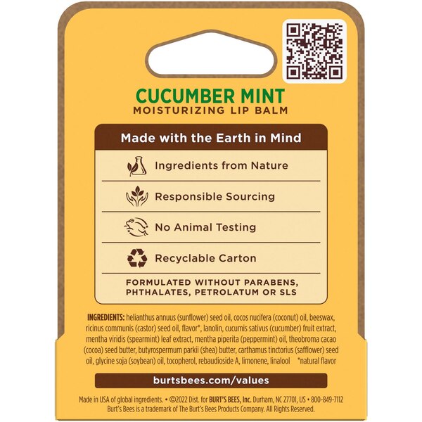 Burt's Bees - Bálsamo labial hidratante 100% natural, Cucumber Mint with Beeswax