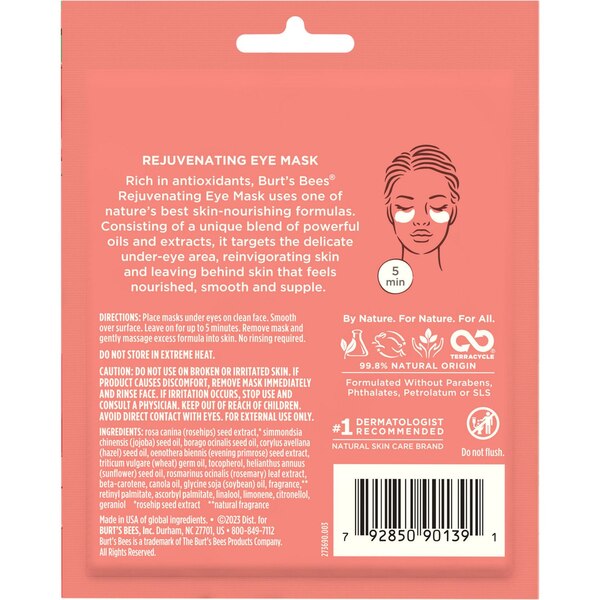 Burt's Bees Rejuvenating Eye Mask, Single Use Eye Mask, 1 Pair
