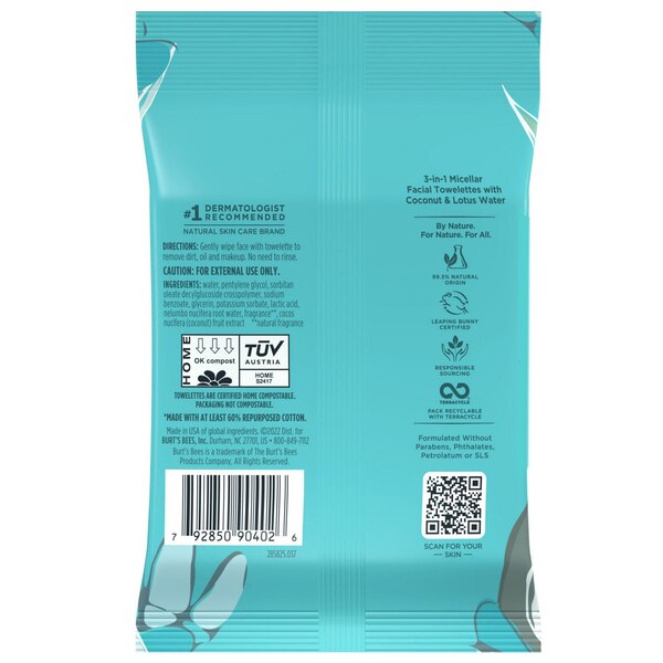 Burt's Bees Micellar Facial Towelettes With Coconut and Lotus, 10 CT