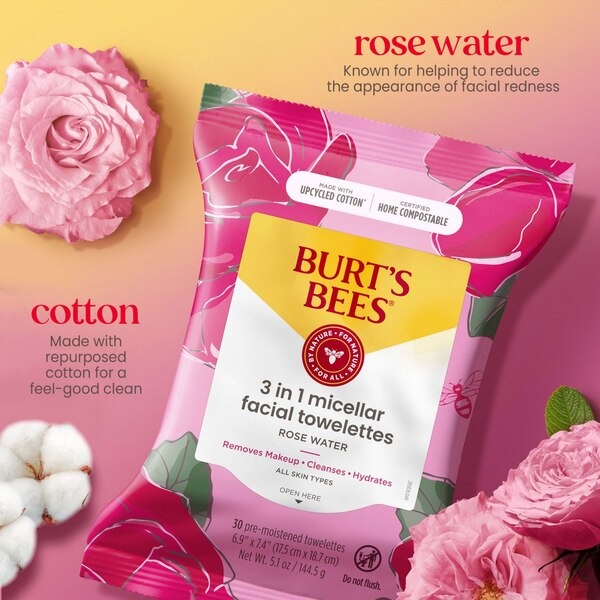 Burt's Bees Micellar Facial Towelettes With Rose Water, 30 CT