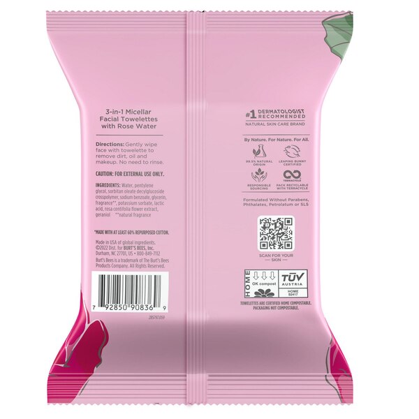 Burt's Bees Micellar Facial Towelettes With Rose Water, 30 CT