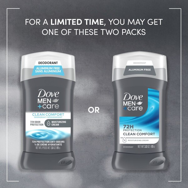 Dove Men+Care Aluminum Free 72-Hour Deodorant Stick, Clean Comfort, 3 OZ