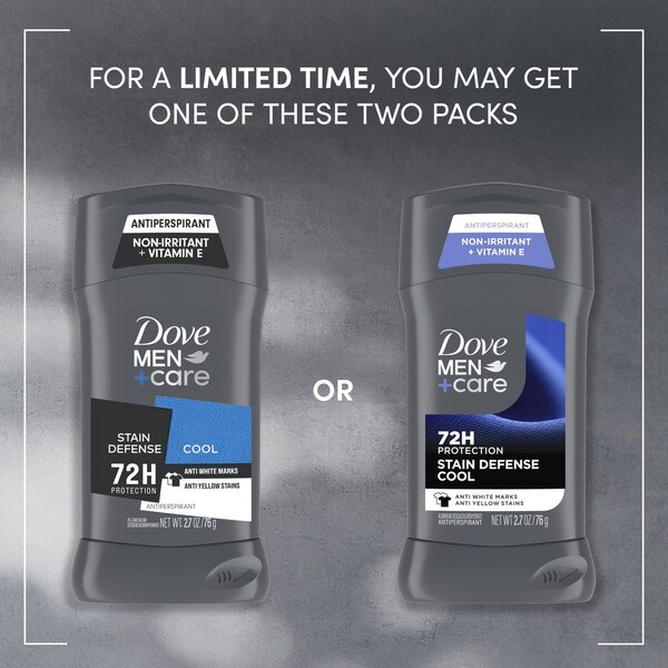 Dove Men+Care 72-Hour Stain Defense Antiperspirant Stick, Cool, 2.7 OZ