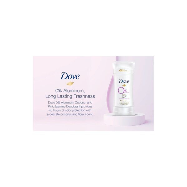 Dove 0% Aluminum Deodorant Stick, Coconut & Pink Jasmine, 2.6 OZ