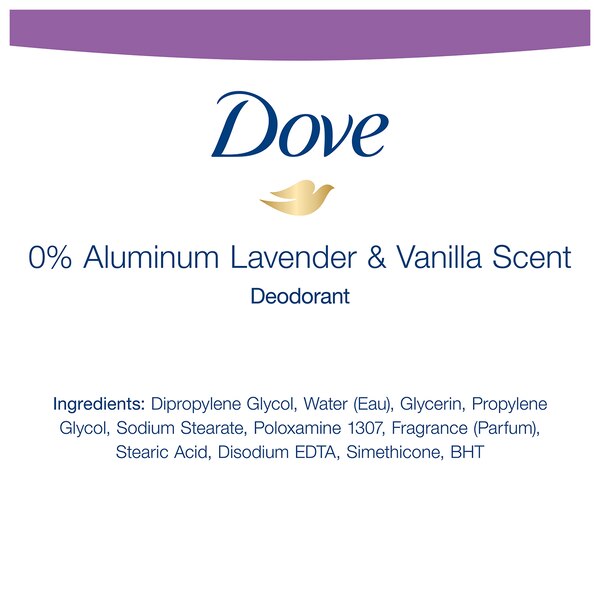 Dove 0% Aluminum 24-hour Deodorant Stick, Lavender & Vanilla, 2.6 OZ