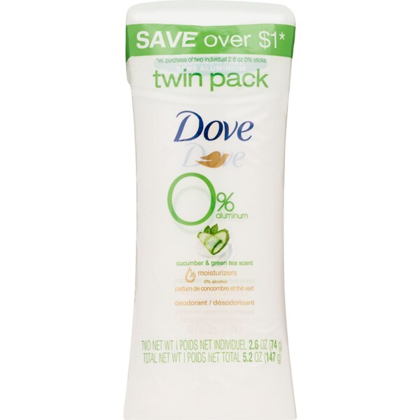 Dove Aluminum-Free Deodorant Stick, Cucumber & Green Tea, 2.6 OZ, 2 Pack