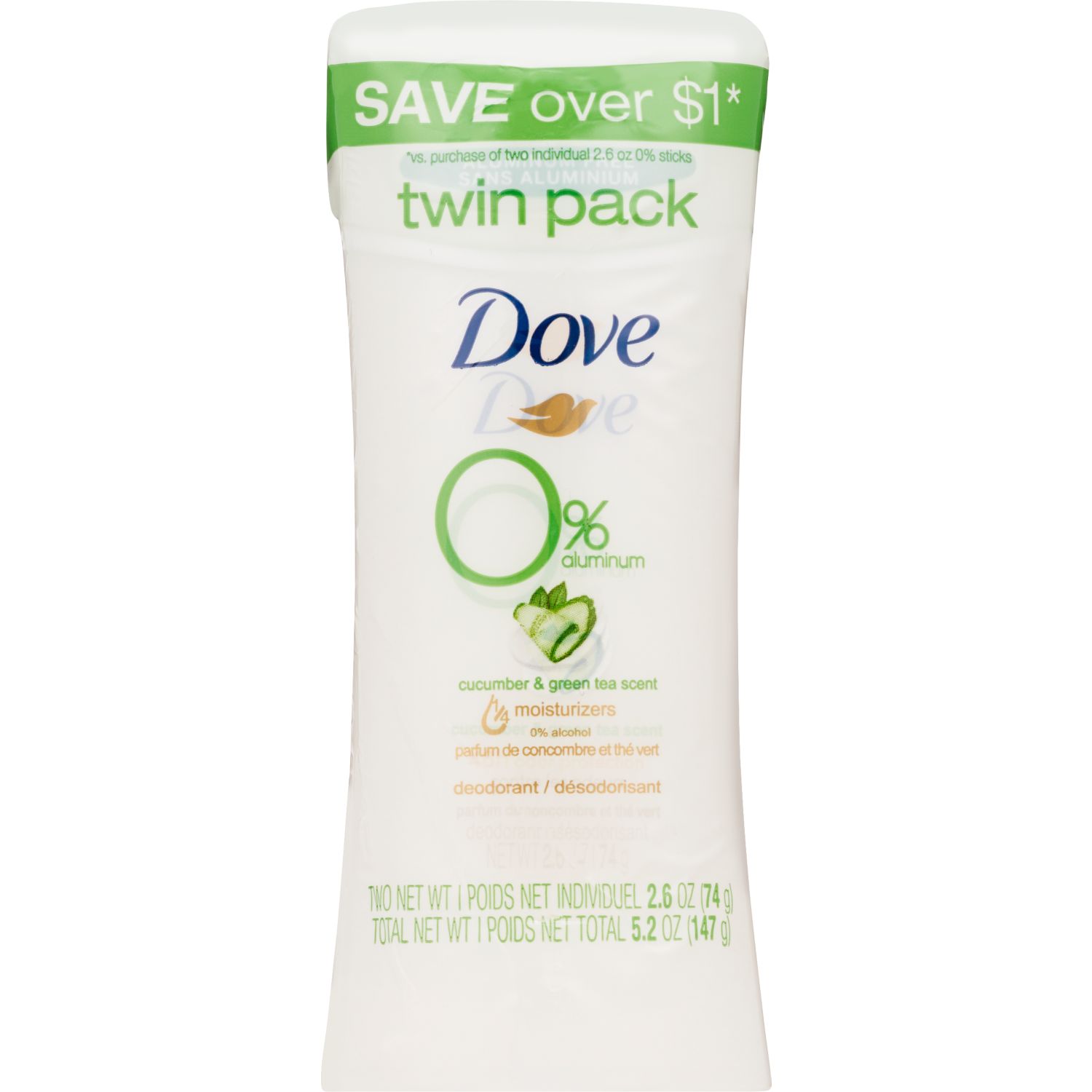 Dove Aluminum-Free Deodorant Stick, Cucumber & Green Tea, 2.6 OZ, 2 Pack