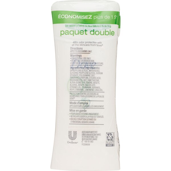Dove Aluminum-Free Deodorant Stick, Cucumber & Green Tea, 2.6 OZ, 2 Pack