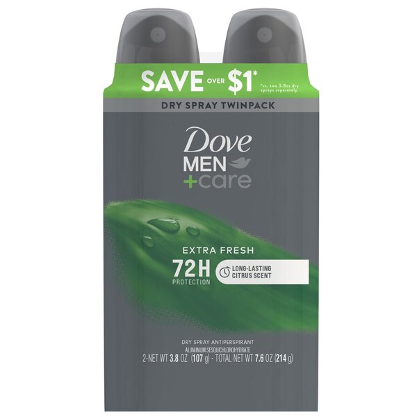 Dove Men+Care Antiperspirant Dry Spray, Extra Fresh, 3.8 OZ, 2 CT