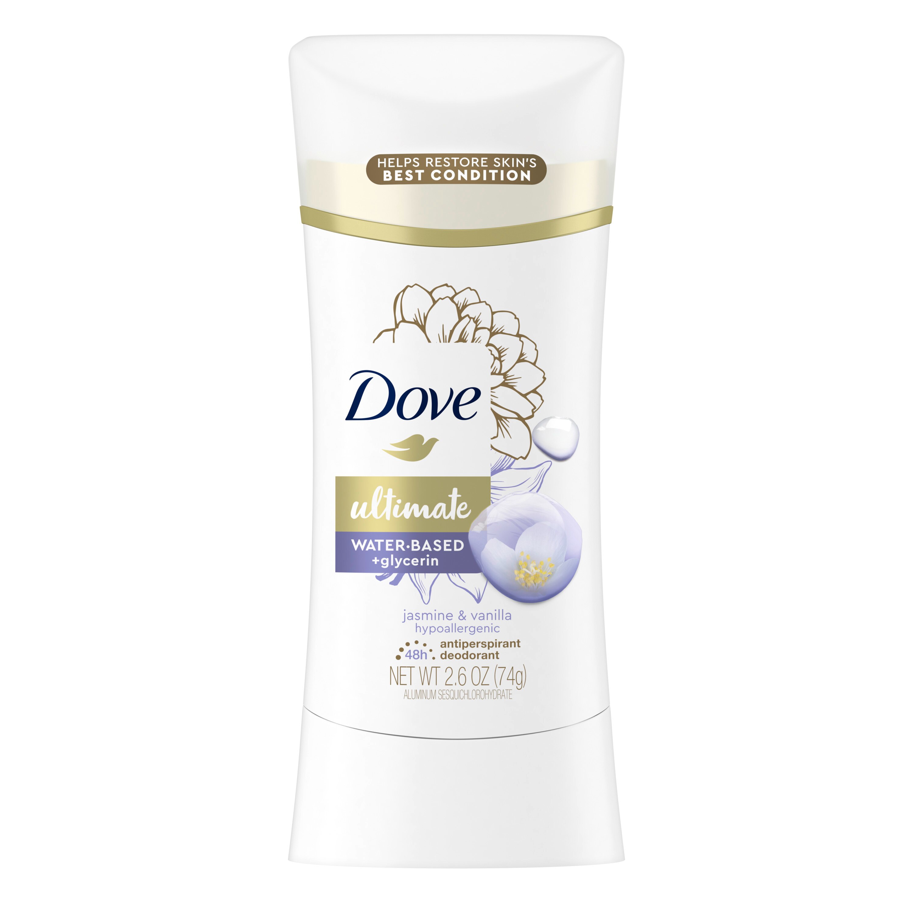Dove Antiperspirant & Deodorant Stick 48-Hour Hypoallergenic Ultimate Water-Based, Jasmine & Vanilla, 2.6 OZ