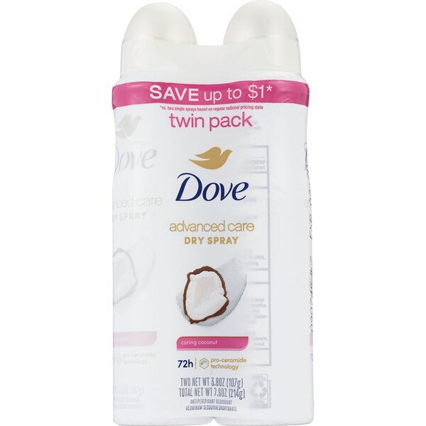 Dove Advanced Care Antiperspirant Spray, Caring Coconut, Twin Pack, 3.8 OZ