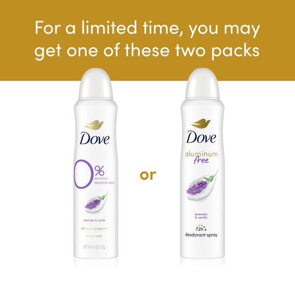 Dove 0% Aluminum 48-Hour Deodorant Dry Spray, Lavender & Vanilla, 4 OZ